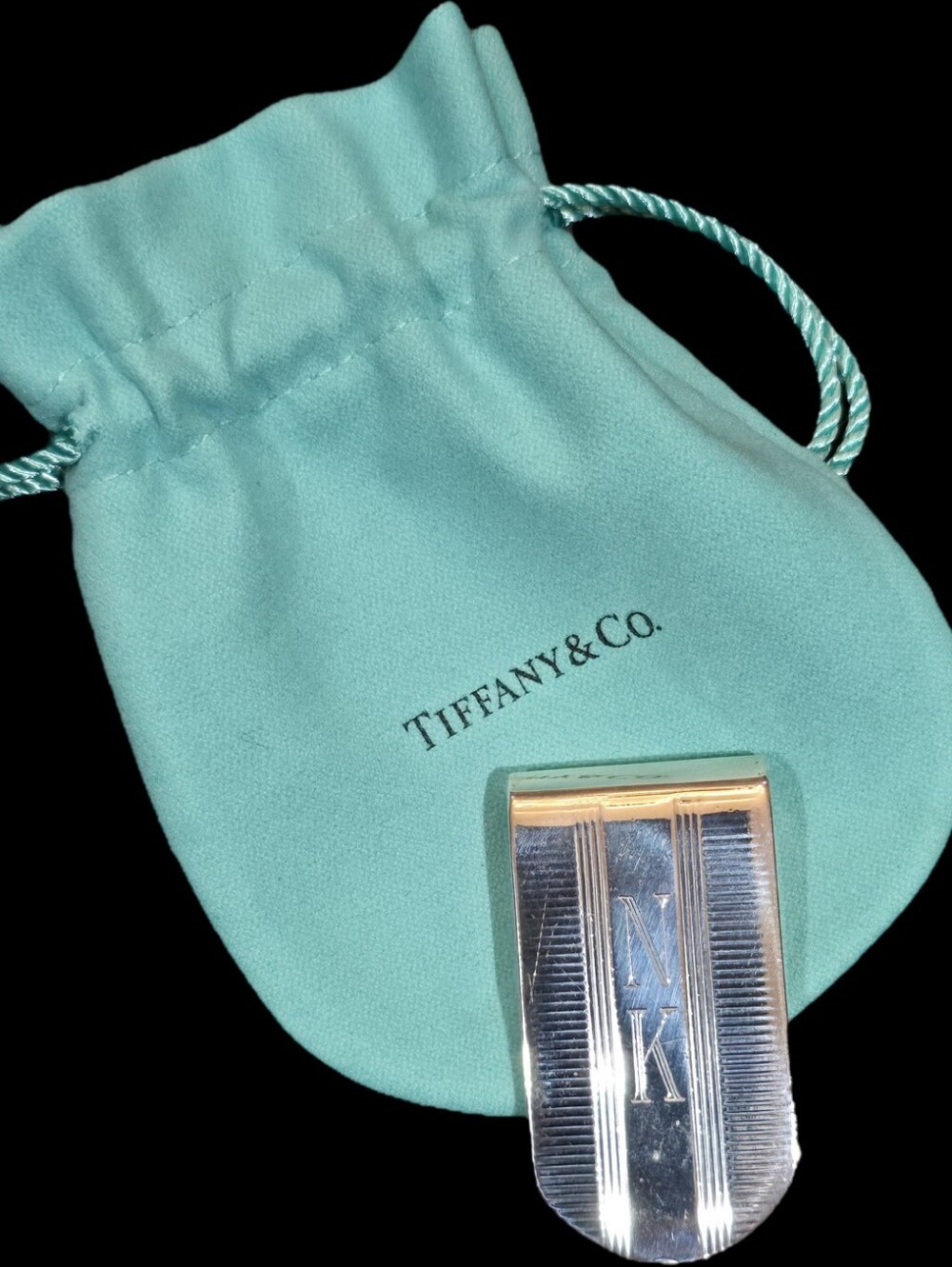 Tiffany & Co. Silver Engraved NK Money Clip Stripped Paterm with Blue Pouch